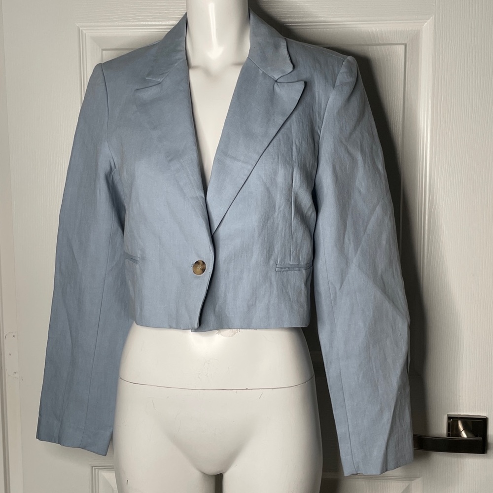 Zara Linen Blend Light Blue Cropped Blazer